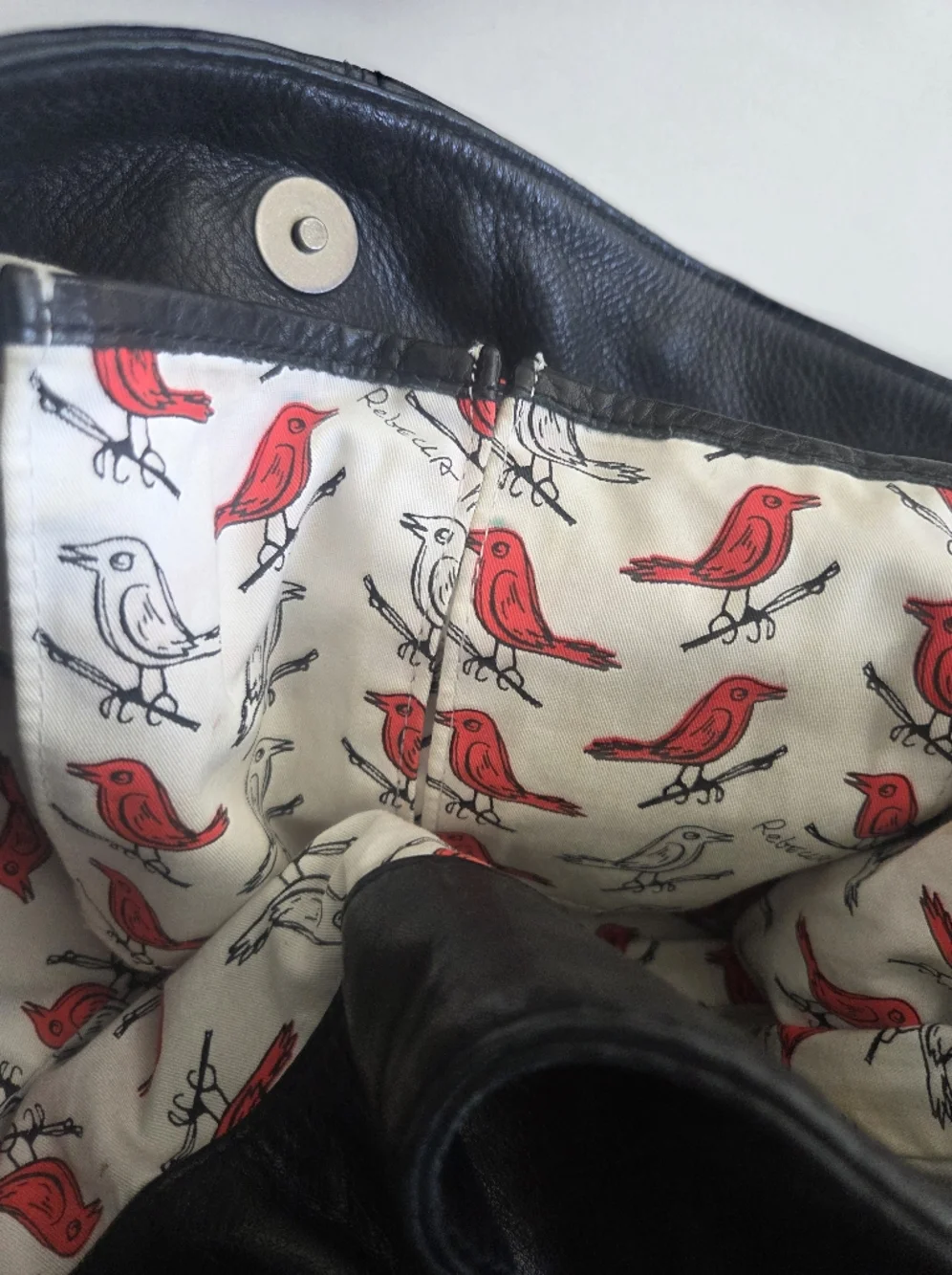 Rebecca Minkoff Studded Hobo Black Leather Pyramid Studs, Cardinal Bird Lining - Picture 11 of 11